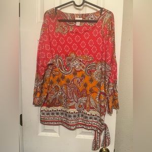 Chico’s Size 2, Paisley pink and orange women’s top, 3/4 sleeve, side tie